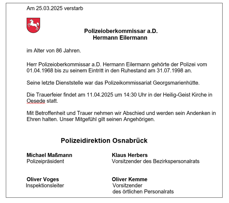 Traueranzeige Hermann Eilermann