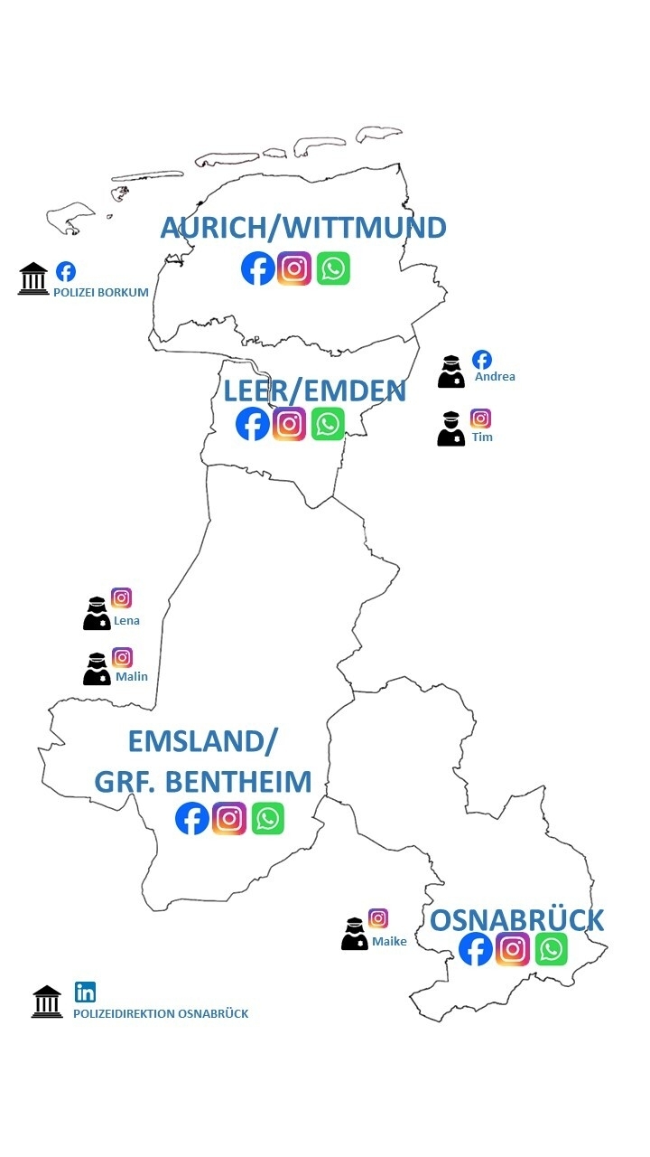 Landkarte mit den verschiedenen polizeilichen Social Media Accounts der Polizeidirektion Osnabrück.