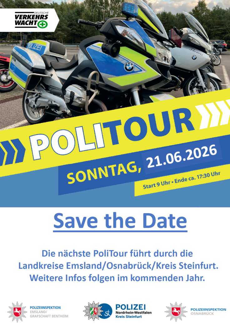 Plakat mit Polizeimotorrad mit dem Hinweis auf die Politour 2026