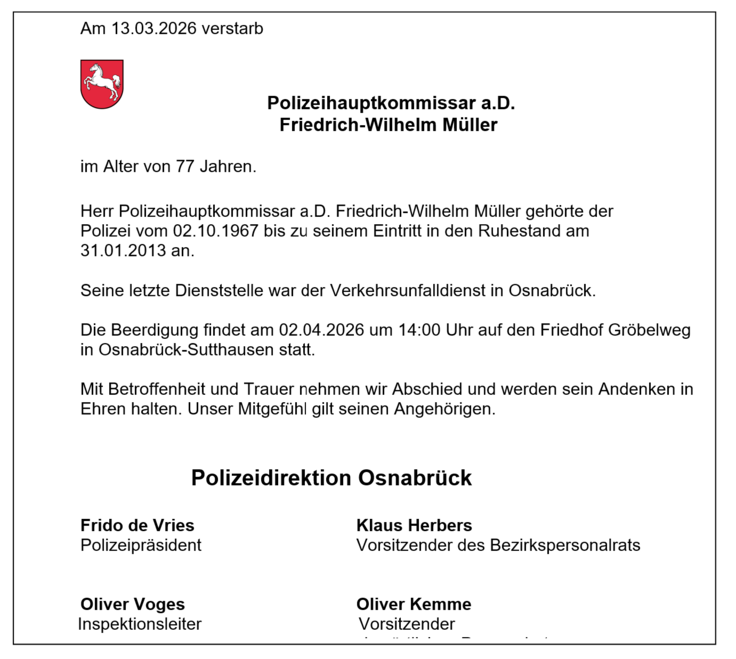 Traueranzeige Friedrich-Wilhelm Müller