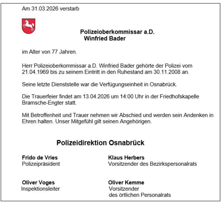 Traueranzeige Polizeioberkommissar a.D. Winfried Bader
