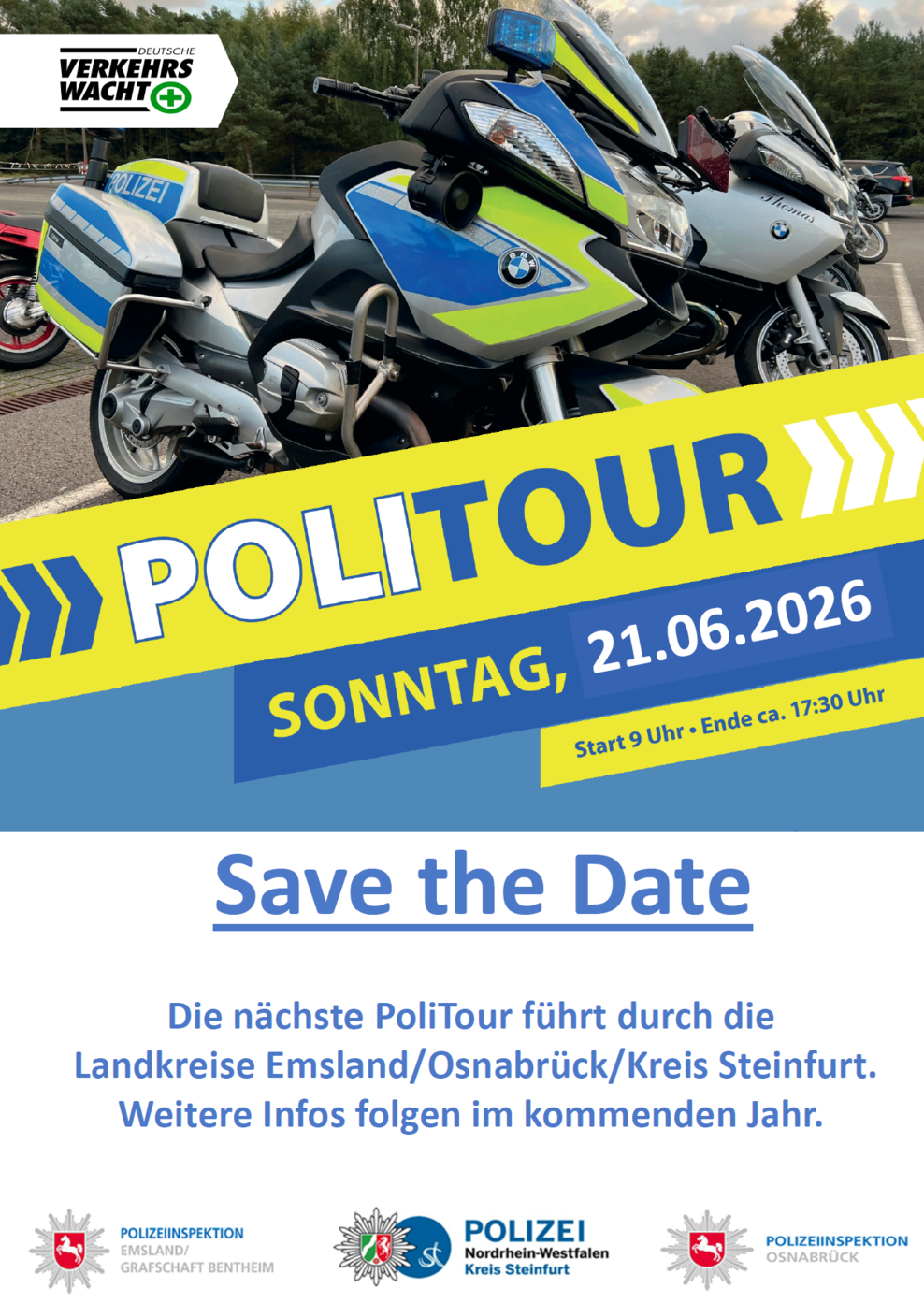 Plakat mit Polizeimotorrad mit dem Hinweis auf die Politour 2026